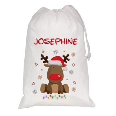 Image of Personalised Christmas Sack Xmas Santa Reindeer White Custom Name Gift Bag for Kids &amp; Adults Festive Large Reusable Holiday Present (Reindeer Red Snowflakes)