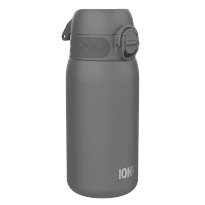 Image of Ion8 Kids Water Bottle, Steel 400 ml/13 oz, Leak Proof, Easy to Open, Secure Lock, Dishwasher Safe, Flip Cover, Carry Handle, Clean, Durable, Metal Carbon Neutral, Grey