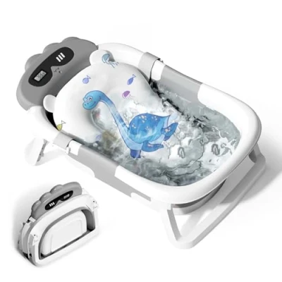 Image of Baby Bath Tub Toddler Tubs with Thermometer, Collapsible Bathtub Essentials for Newborn Portable Travel Soft Cushion Seat Mat Infant Grey Dinosaurs