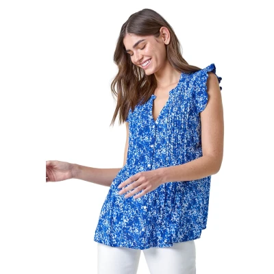 Image of Roman Womens Floral Print V Neck Frill Sleeve Top Blue Size 10 UK