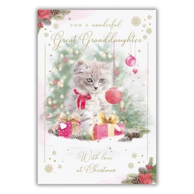 Image of Great Granddaughter Christmas Card Special Finishes Kitten and Bauble Artistic Festive Design Illustrated Insert Leaf Made in the UK Eco Friendly