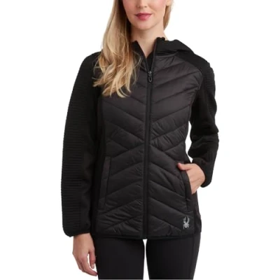 Image of Spyder Women&#039;s Puffer Jacket Mixed Fleece Insulated Winter Coat with Taffeta Panels Quilted Hooded for Women (S XL), Black, M