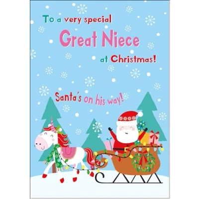 Image of doodlecards Great Niece Christmas Card Magic Santas Sleigh with Unicorn Medium Size for Plain Envelope