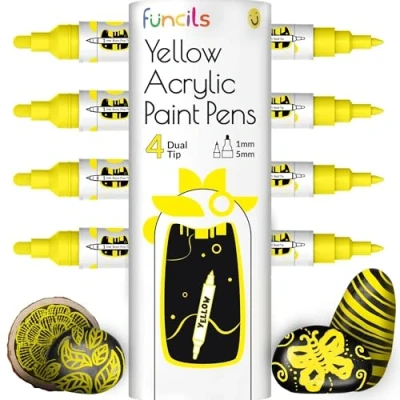 Image of 4 Dual Tip Yellow Paint Pen Metallic Fine &amp; Medium Acrylic Markers Marker for Metal, Wood, Rock Painting, Canvas, Ceramic, Glass, Fabric, Leaf and Plastic Water based Ink