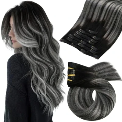 Image of Moresoo Human Hair Clip in Extensions Balayage Silver Black Root Ombre to Sliver 18 Inch 7 Pieces/120g #1B/Silver/1B
