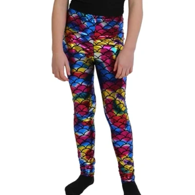 Image of Kids Full Length Elastic Waist Fish Scale Mermaid Disco Legging Girls Metallic Shiny Wet Look Comfortable Stretchy Tights Dance Party Children Pants (11 12 Years, Multicolored)