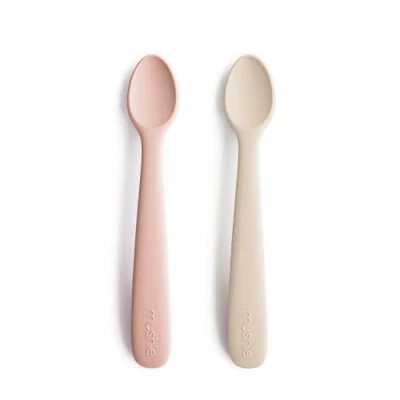 Image of Mushie First Feeding Baby Spoons BPA Free Silicone Learning 2 Pack Dishwasher Safe Durable Toddler Utensils Blush/Shifting Sand