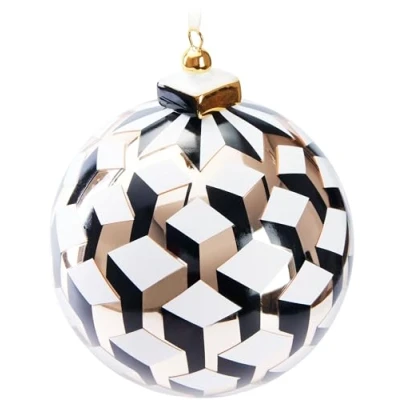 Image of BRUBAKER Premium Christmas Bauble 3D Cube Gold, White and Black 3.9 inches (10 cm) Glass Tree with Porcelain Tip Modern Decoration