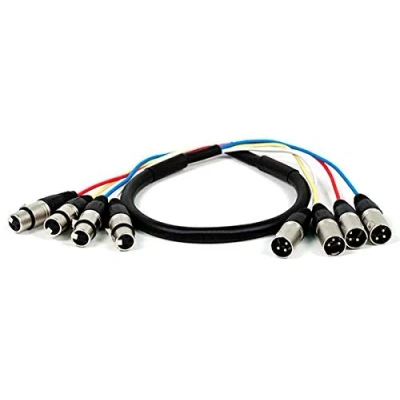 Image of Monoprice 108764 4 Channel XLR to Snake Cable Cord 0.91M (3ft) Black/Silver, M/F With Metal Connector Housings Plastic And Rubber Boots