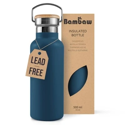 Image of Bambaw Insulated Water Bottle 500ml, Blue Bottle, Stainless Steel Leakproof Metal Wide Mouth 500ml Aegean
