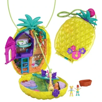 Image of Polly Pocket Micro, Tropical Pineapple Purse, 2 in 1 Purse and Playset with Animal Safari Theme, Toy Accessories, Stickers, Dolls, Toys for Ages 4 Up, GKJ64