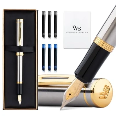 Image of Wordsworth and Black Fountain Pen Mini EDC: Luxury Silver Heavy Pocket Pen, Gold Finish, Medium Nib, 6 Ink Cartridges, Converter, Travel Refillable Writing Gift Set, Men &amp; Women