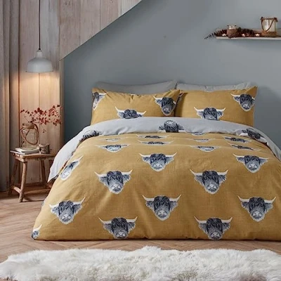 Image of Fusion Ochre Yellow Highland Cow Duvet Cover King Bedding Size (230 x 220cm) Reversible Design (Ochre &amp; Grey) Farm in Mustard Gifts