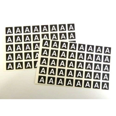 Image of Letter A, White Alphabet Letters on Black 20x20mm Square Labels Durable Plastic Stickers
