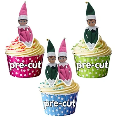 Image of AK Giftshop Elf Green and Pink Mix 12 Christmas Cup Cake Toppers Edible Stand Up Decorations