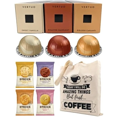 Image of Nespresso Vertuo Coffee Pods Capsules Barista Creations Selection Sweet Vanilla, Roasted Hazelnut, Golden Caramel 30 Bundled with Border Biscuits and Giftable Tote Bag