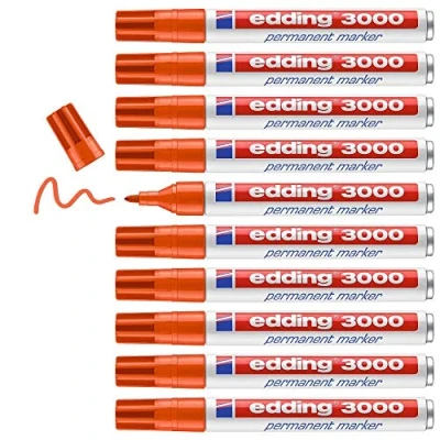 Image of edding 3000 permanent marker orange box of 10 round tip 1.5 3 mm quick drying markers waterproof, smudge proof for cardboard, plastic, wood, metal, fabric pens