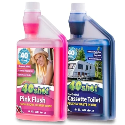 Image of 40Shot Twin Pack Blue Toilet Fluid &amp; Pink Rinse 2 x 1L 40 Doses Per Bottle Motorhome, Caravan Cassette Toilets Powerful, Long Lasting, UK Made Chemical Cleaner