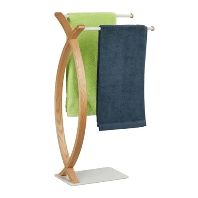 Image of Relaxdays Holder, 2 Bars, Free Standing, HxWxD: 79.5 x 42 28 cm, Bathroom Towel Rail, Steel &amp; MDF, White/Natural