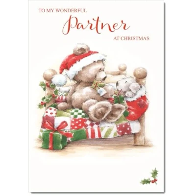 Image of doodlecards Partner Christmas Card Cute Bear on Bed Medium Size for with Plain Envelope
