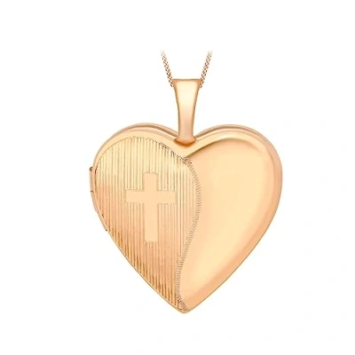 Image of Carissima Gold Women&#039;s 9 ct Rose Etched Cross Detail Heart Locket on Curb Chain of 46 cm/18 inch