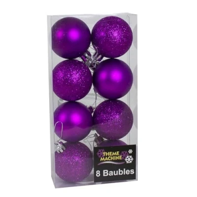 Image of Christmas Baubles 8 Pack 50mm Shatterproof Glitter/Plain Design (Purple 1146)
