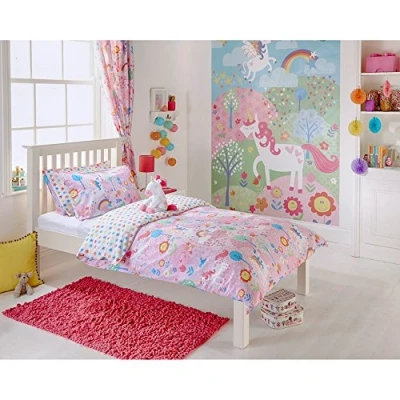 Image of Riva Paoletti Kids Unicorn Pencil Pleat Curtains (Pair) Pink And White Matching Tiebacks Machine Washable 168 cm Width X 183 Drop (66&quot; 72&quot; Inches) Designed In The UK