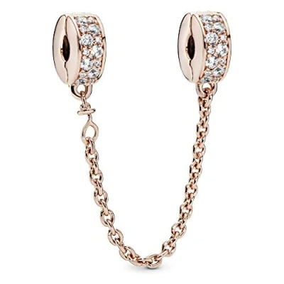 Image of Pandora Timeless 14k Rose gold plated safety chain with clear cubic zirconia and silicone grip