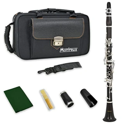 Image of Montreux Concert Series Intermediate Advanced Bb Clarinet with Premium Carry Case, Mouthpiece, Reed, two Barrels Ebony Wood, 17 Silver Plated Keys, B Flat