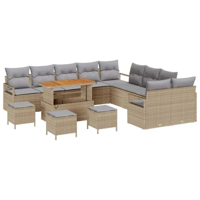 Image of vidaXL 14 Piece Garden Sofa Set with Cushions Beige Poly Rattan Acacia