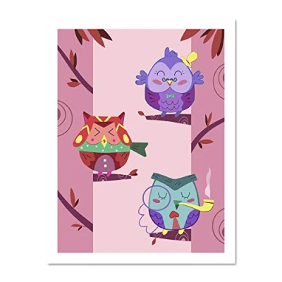 Image of Wee Blue Coo Kawaii Owls Tree Large Framed Art Print Wall Poster 18x24 inch