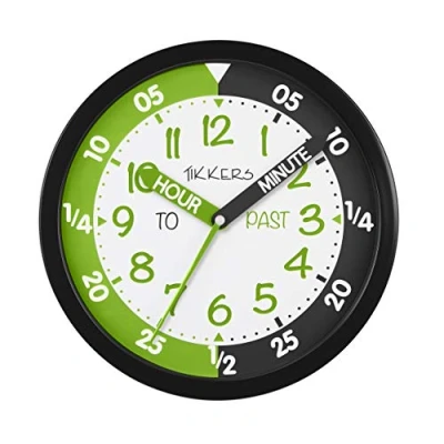 Image of Tikkers wall clock with a white, black &amp; green face TKWC005