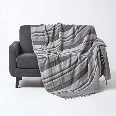 Image of HOMESCAPES Extra Large Charcoal Grey Throw “Morocco Cotton Textured Stripe 254 x 356 cm Bedspread Sofa Handmade Suitable for 3 or 4 Seater Sofas Double King and Super Size Beds