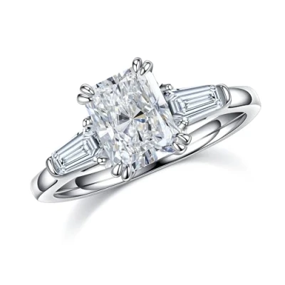 Image of MOOSEA 3 Stone Moissanite Rings for Women, 2ct Radiant D Color VVS1 Clarity Lab Created Diamond 14K White Gold Vermeil Double Claw Cut Women Mom Wife Gifts
