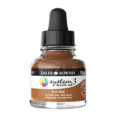 Image of Daler Rowney System3 Acrylic Ink, Glass Bottle with Dropper, Opaque, 1oz 29.5 ml, Burnt Umber