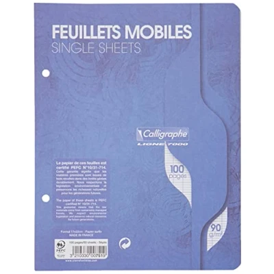 Image of Clairefontaine Ref 751C Calligraphe Loose Leaf Punched Paper (Pack of 50 Sheets) 170 x 220mm in Size, Offset Card Cover, Séyès Ruled, 90gsm Superfine Vellum