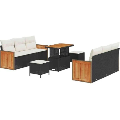 Image of vidaXL 9 Piece Garden Sofa Set with Cushions Black Poly Rattan Acacia