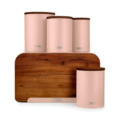 Image of Tower T826140PCLY Scandi 5 Piece Acacia Wood Storage Set with Bread Bin, Biscuit Barrel, Canisters, Pink Clay