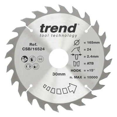 Image of Trend Wood Circular Saw Blade, 165mm Diameter, 30mm Bore, 24 Teeth, TCT, 2.4mm Kerf, +15 Hook, CSB/16524
