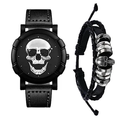 Image of Silverora 2pcs Skull Men&#039;s Watch Leather Strap Set 2 Pieces Silver Analogue Quartz Bracelet Halloween Steampunk Gothic Adjustable Bangle Gifts for Men Black, Strap.