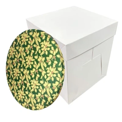 Image of LARRYROO Tall White Cake Box Extra Deep &amp; Festive Round Christmas Drum Board Combo For High Celebration Xmas Cakes (Green, 12 Inch)