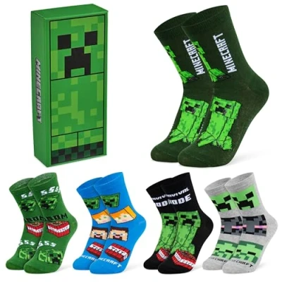 Image of Minecraft Boys Calf Socks, Soft Breathable Creeper Socks Multipack Gifts for Gamers (Green Rectangle 5 Pack, 3.5/6.5 UK)