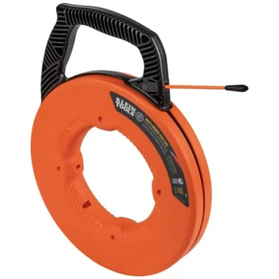 Image of KLEIN TOOLS 56382 Fish Tape, Multi Groove Fiberglass Wire Puller with Nylon Tip, Optimized Housing and Handle,Orange/Black, 15 m