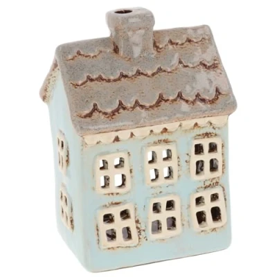 Image of Shudehill Giftware Village Pottery Tealight Holder Ceramic Scalloped House Collection Grey, Blue and Navy (Blue)