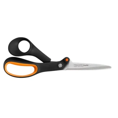 Image of Fiskars Serrated Hardware Scissors, For right handed users, With Power enhancing Technology, Length: 21 cm, Stainless Steel Blade/Plastic Handles, Black/Orange, Amplify, 1020224