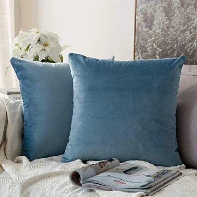 Image of MIULEE Decorative Velvet Cushion Covers 45cm x 45cm/Square Throw Pillowcases for Sofa Bedroom with Invisible Zipper 18x18 Inch Light Blue Sets of 2