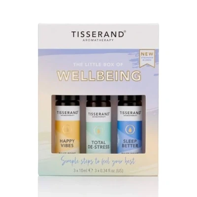 Image of Tisserand Aromatherapy The Little Box of Wellbeing Happy Vibes, Total De Stress, Sleep Better 100% Natural Pure Essential Oils 3x10ml