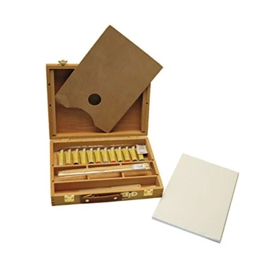 Image of Artme Premium Wooden Easel Box Paint Set 23 pcs Table 32 x 24cm/ 3 canvas panels/ 12 12ml acrylic/ 4 artist brushes/ HD pencil/ Plastic palette knife/ 20 30 cm
