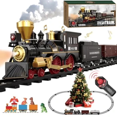 Image of Remote Control Train Set for Kids Christmas Toys Electric Steam Locomotive, Oil Tank, Cargo Cars &amp; Tracks, Realistic Smoke,Sounds Lights, Rechargeable Birthday Gifts Boys Girls 3 4 5 6 7