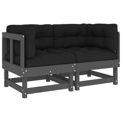 Image of vidaXL Corner Sofas with Cushions 2 pcs Outdoor Grey Solid Pinewood Seating Units Black Cushions, Modifiable Design for Patio, Garden, or Terrace&#039;